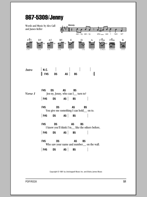 867 5309 Jenny Guitar Chords Lyrics Zzounds