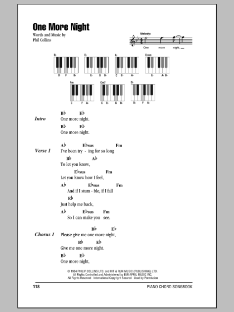 One More Night Piano Chordslyrics Zzounds 3975