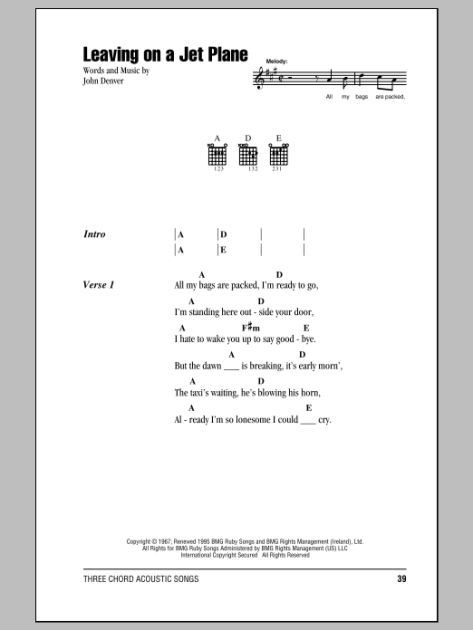 Leaving On A Jet Plane Guitar Chords Lyrics Zzounds