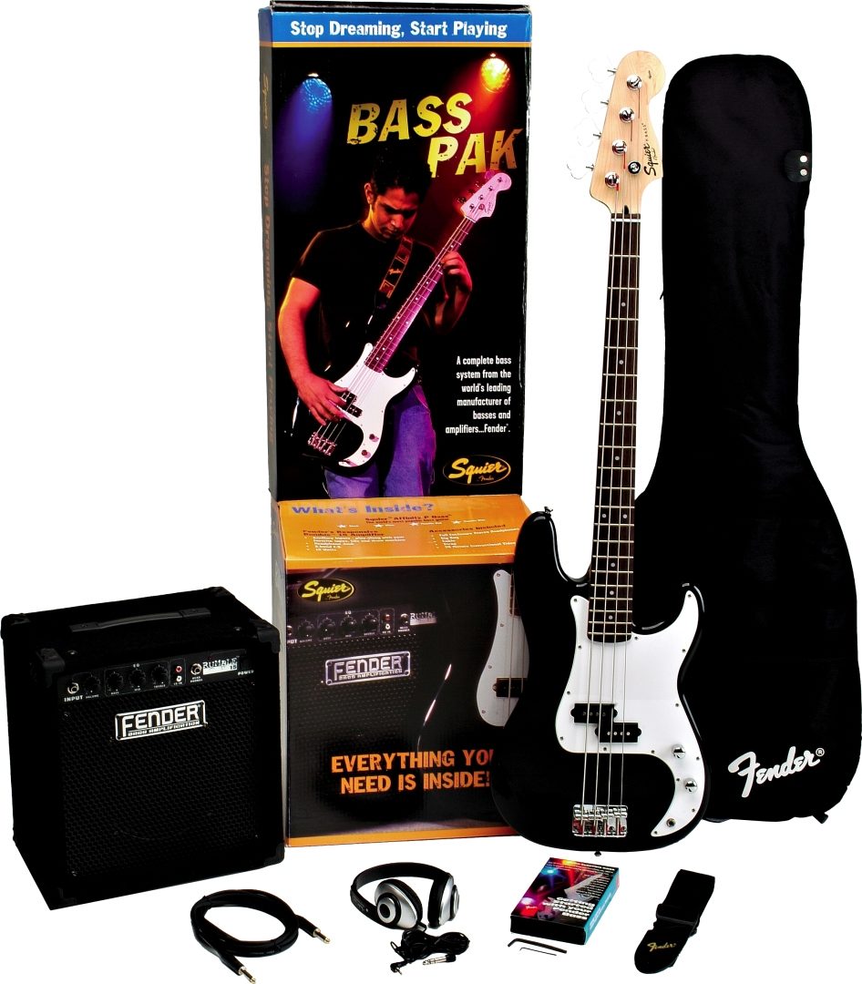 Басс пак. Артикул: 40095 Fender Squier Affinity STD Black & Chrome p-Bass RW Black бас-гитара, цвет черный. Squire Fender j Bass Affinity. Набор бас гитариста. Классическая бас гитара.