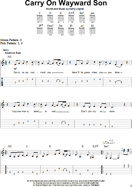 Carry On Wayward Son Easy Guitar With Tab Zzounds