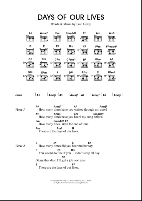 Days Of Our Lives Guitar Chords Lyrics Zzounds
