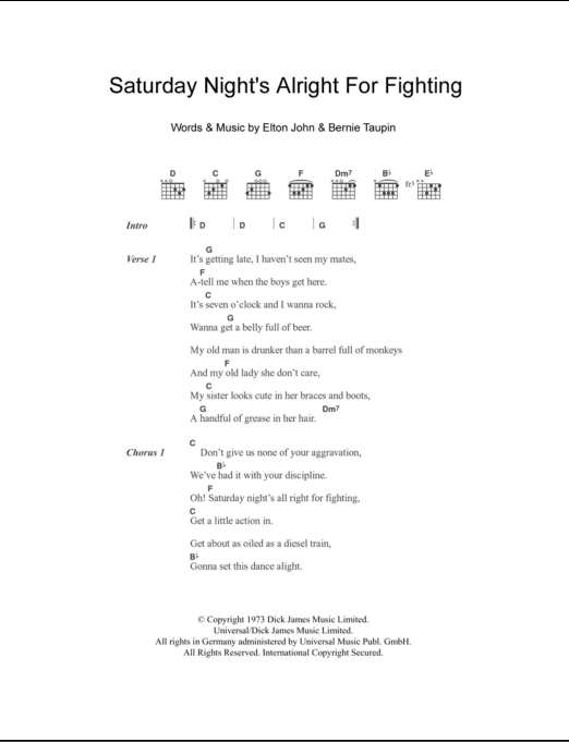 Saturday Night S Alright For Fighting Guitar Chords Lyrics