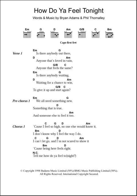 Ya Feel Tonight - Guitar Chords/Lyrics | zZounds