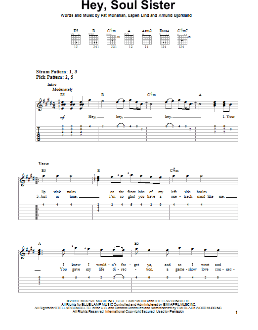 Hey Soul Sister Easy Guitar With Tab Zzounds 