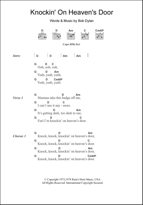 Knockin On Heaven S Door Guitar Chords Lyrics