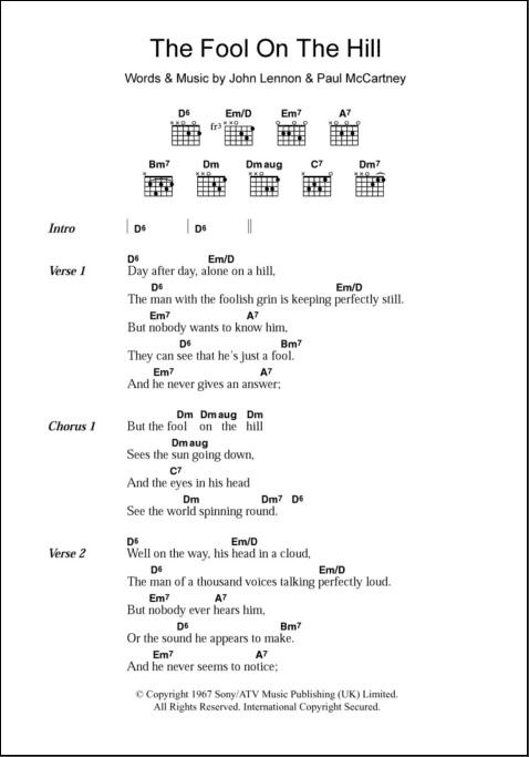 The Fool On The Hill Guitar Chords Lyrics Zzounds