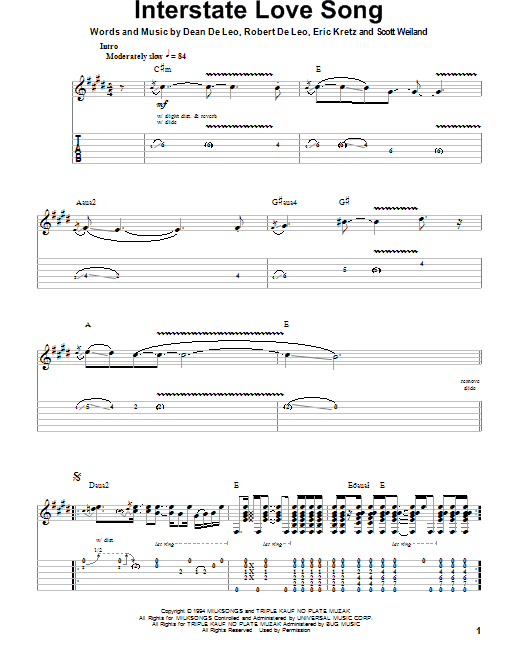 Interstate Love Song Guitar Tab Play Along Zzounds