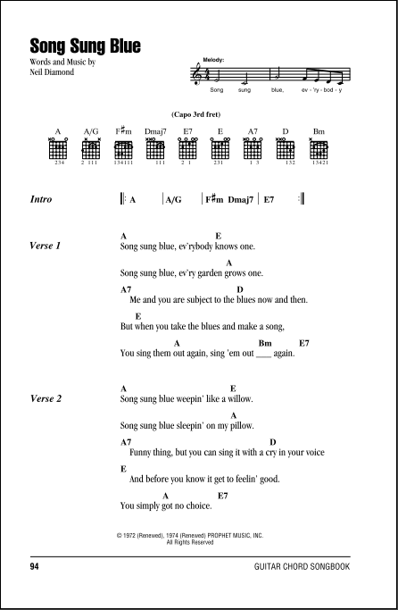 Song Sung Blue Guitar Chords Lyrics Zzounds