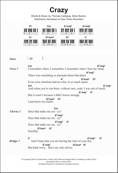 Crazy Piano Chords Lyrics Zzounds