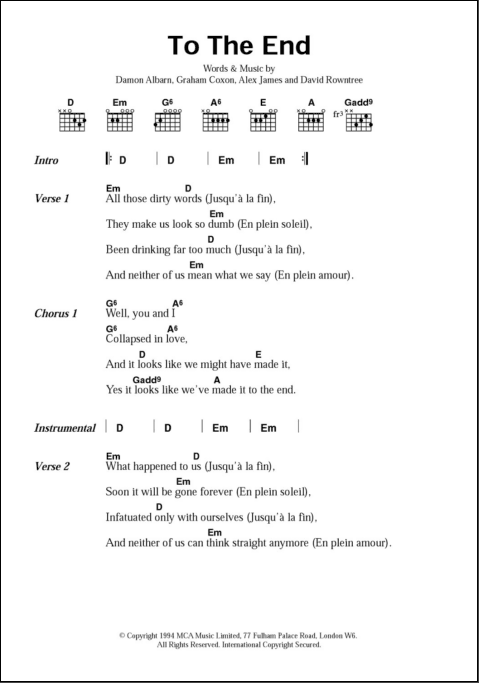 To The End Guitar Chords Lyrics Zzounds