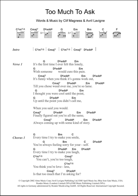 Too Much To Ask Guitar Chords Lyrics Zzounds