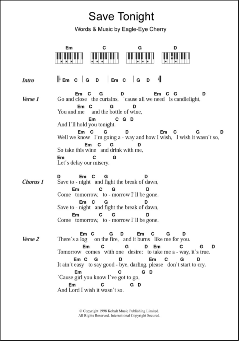 Save Tonight Piano Chords Lyrics Zzounds