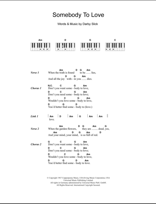 Somebody To Love Piano Chords Lyrics Zzounds