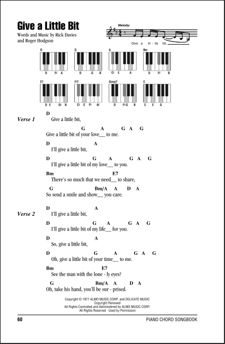 Give A Little Bit - Piano Chords/Lyrics | zZounds