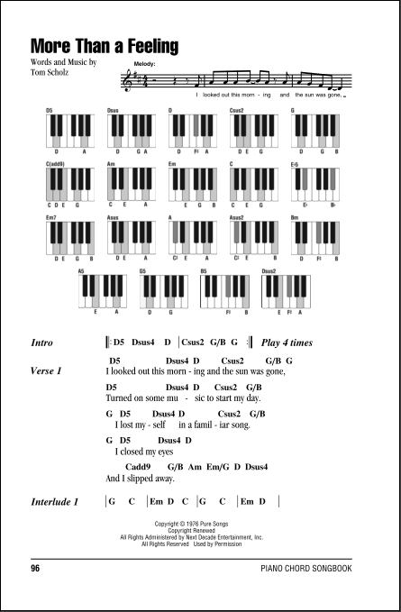 More Than A Feeling Piano Chords Lyrics Zzounds