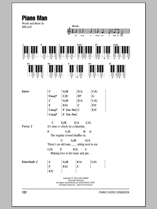 Piano Man Piano Chords Lyrics Zzounds