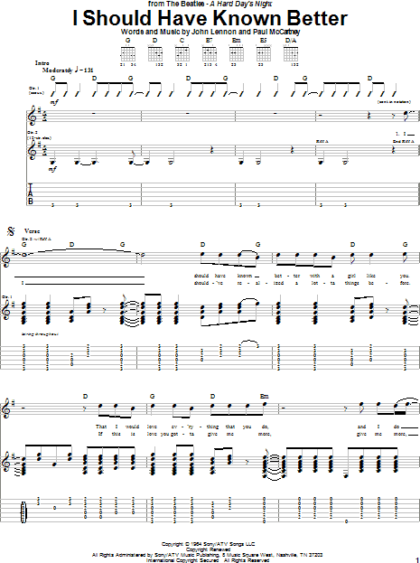 I Should Have Known Better Guitar Tab Zzounds