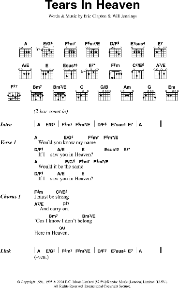 Tears In Heaven - Guitar Chords/Lyrics