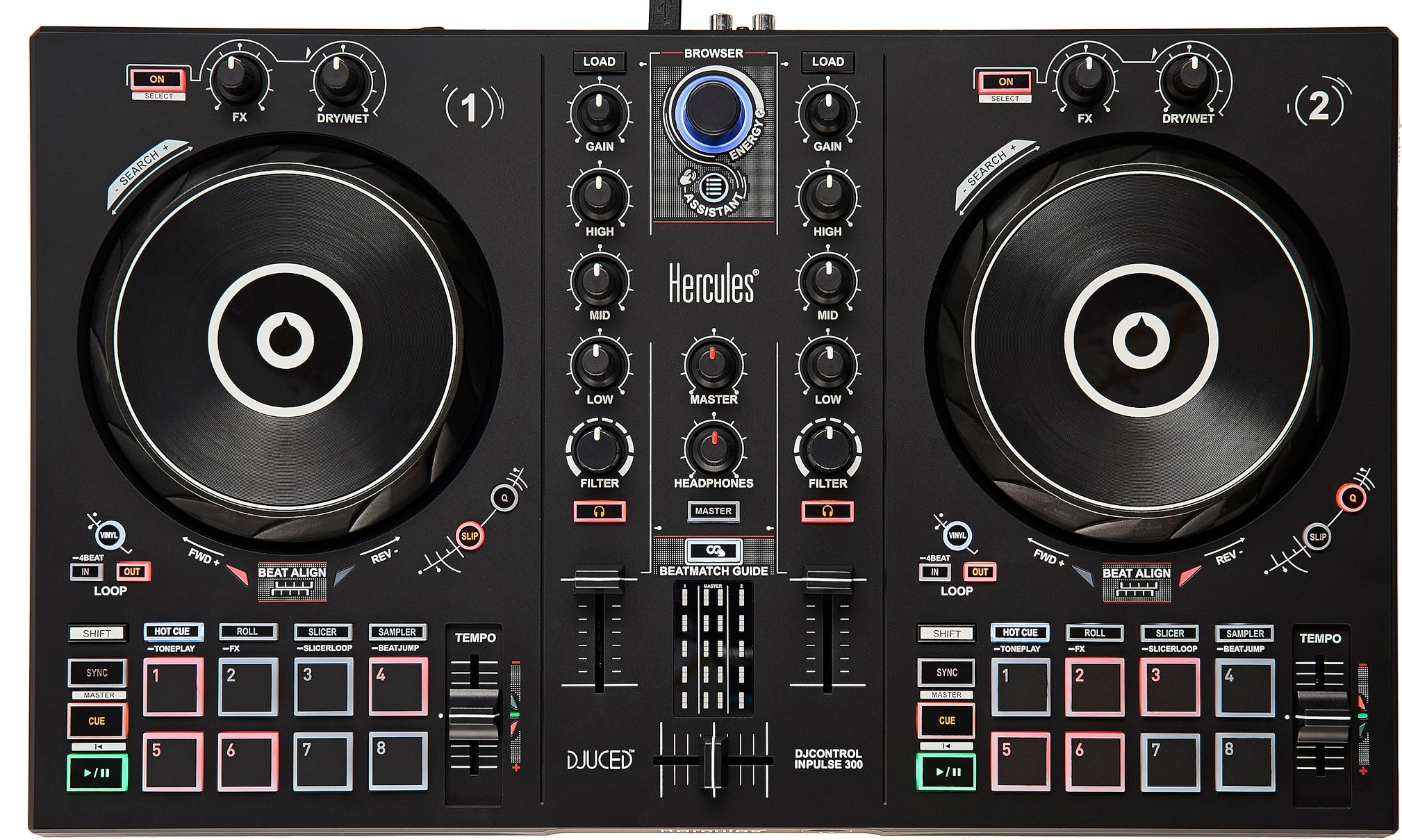 Hercules DJControl Inpulse 300 2-Channel USB Controller DJ Academy & Full DJ Software DJUCED Included Bundle w/Closed-Back Headphones & Male-to-Male RCA Cable 3 Items with Beatmatch Guide