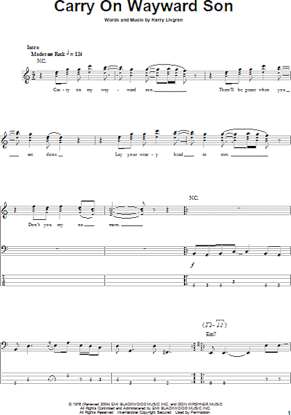 Carry On Wayward Son Bass Tab Zzounds