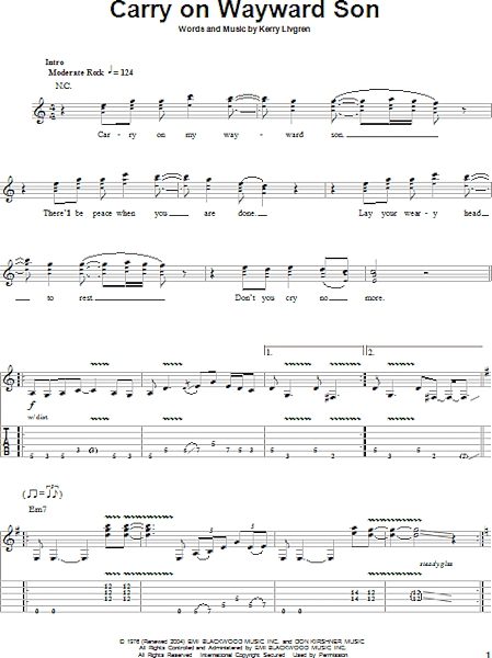 Carry On Wayward Son Guitar Tab Play Along Zzounds