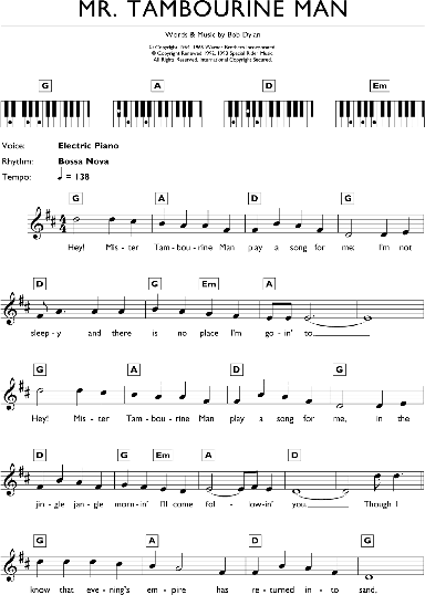 Mr Tambourine Man Piano Chords Lyrics Zzounds