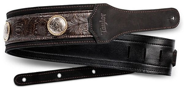 Taylor Grand Pacific 3" Nickel Concho Leather Guitar Strap, Black, Main--TW-Straps-4121-30