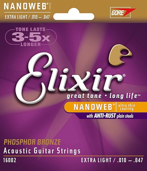 Elixir Phosphor Bronze Nanoweb Acoustic Guitar Strings, 16002, Extra Light, 16002