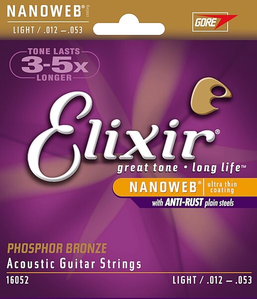 Elixir Phosphor Bronze Nanoweb Acoustic Guitar Strings, 16002, Extra Light, 16052