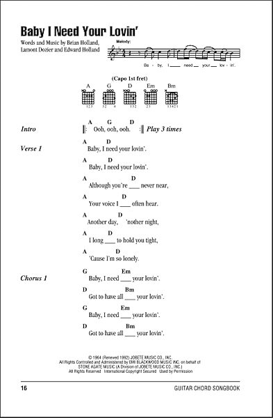 Baby I Need Your Lovin Guitar Chords Lyrics Zzounds