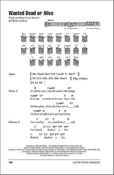 Wanted Dead Or Alive - Guitar Chords/Lyrics, New, Main