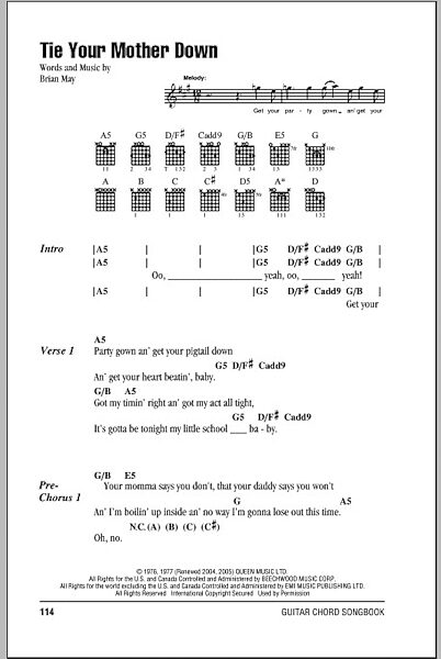 Tie Your Mother Down - Guitar Chords/Lyrics, New, Main