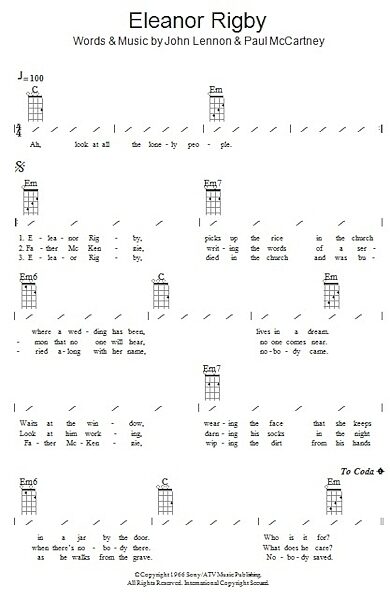 Eleanor Rigby - Ukulele Chords/Lyrics, New, Main