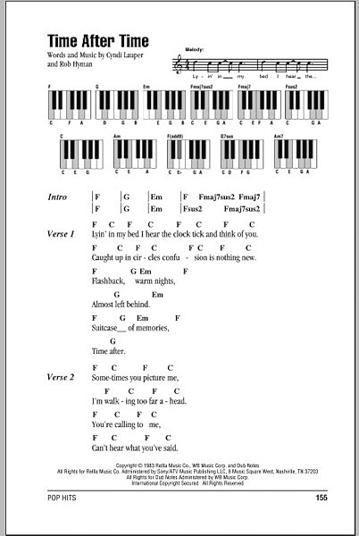 Time After Time - Piano Chords/Lyrics, New, Main
