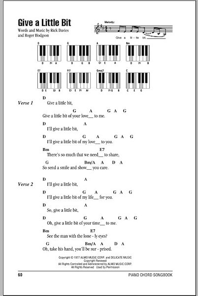 Give A Little Bit - Piano Chords/Lyrics, New, Main