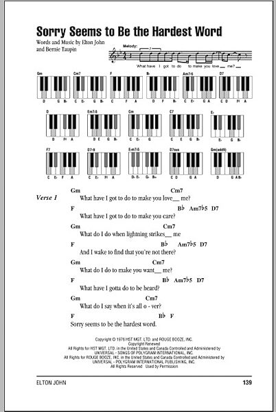 Sorry Seems To Be The Hardest Word - Piano Chords/Lyrics, New, Main