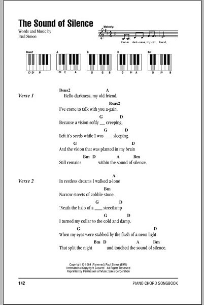 The Sound Of Silence - Piano Chords/Lyrics, New, Main
