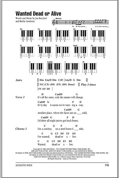 Wanted Dead Or Alive - Piano Chords/Lyrics, New, Main