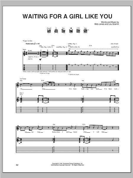 Waiting For A Girl Like You - Guitar TAB, New, Main