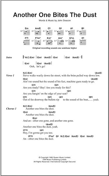 Another One Bites The Dust - Guitar Chords/Lyrics, New, Main