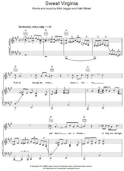 Sweet Virginia - Piano/Vocal/Guitar, New, Main