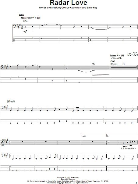 Radar Love - Bass Tab | zZounds