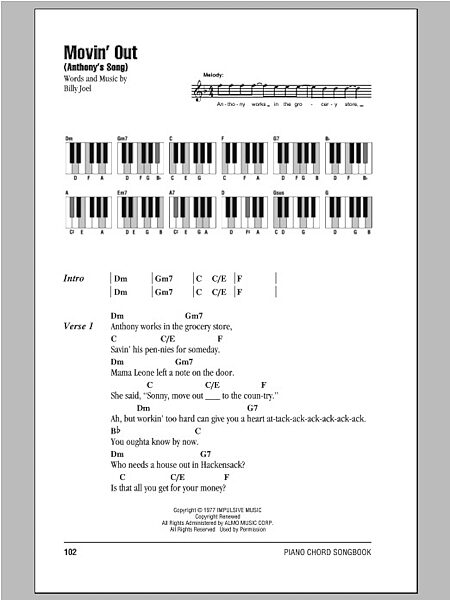 Movin' Out (Anthony's Song) - Piano Chords/Lyrics, New, Main