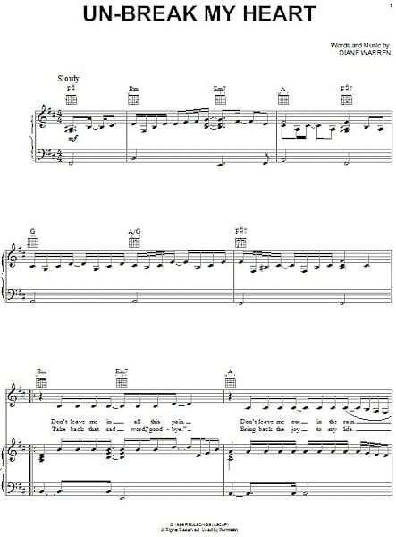 Un-break My Heart - Piano/Vocal/Guitar, New, Main