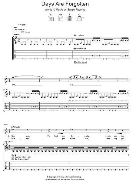 Days Are Forgotten - Guitar TAB, New, Main