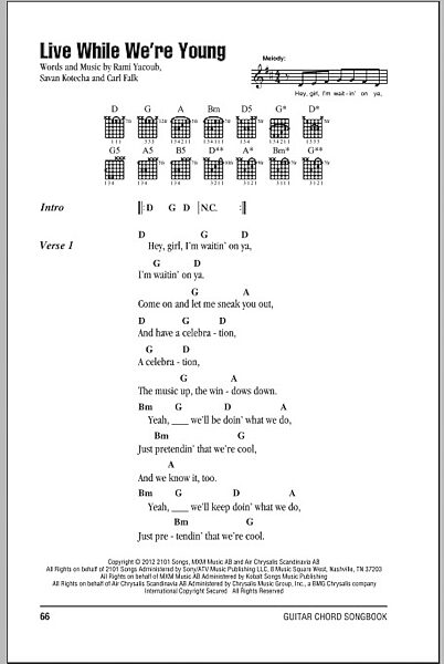 Live While We're Young - Guitar Chords/Lyrics, New, Main