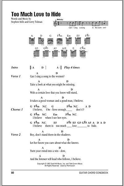 Too Much Love To Hide - Guitar Chords/Lyrics, New, Main