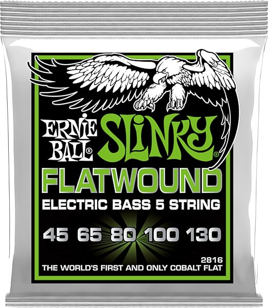 Ernie Ball P02816 Slinky 5-String Flatwound Bass Strings (45-130), New, Action Position Back