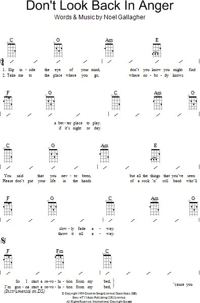 Don T Look Back In Anger Ukulele Chords Lyrics Zzounds